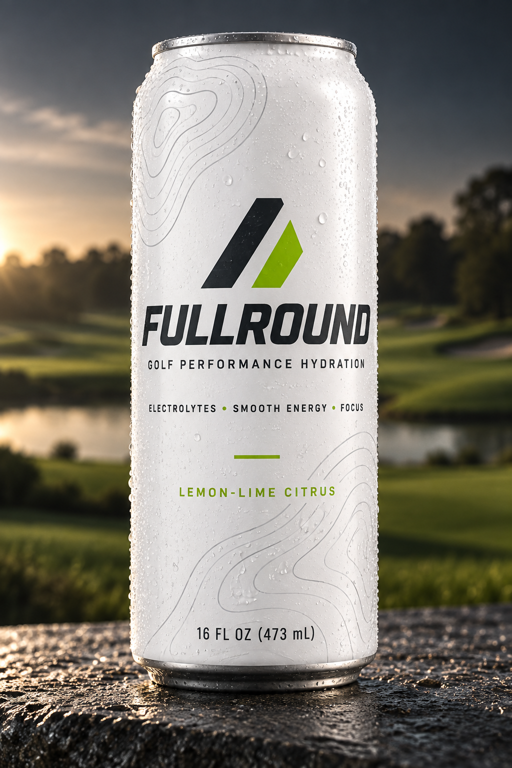 FULLROUND lemon-lime citrus can with black and lime branding on a golf course at sunset